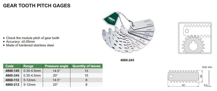 INSIZE IN-4860-245 Gaer Tooth Pitch Gages เกจวัดฟันเฟือง 0.35 - 4.5 mm